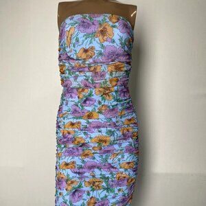 Veronica Beard Floral Ruched Strapless Midi Dress • Size 0 • Blue